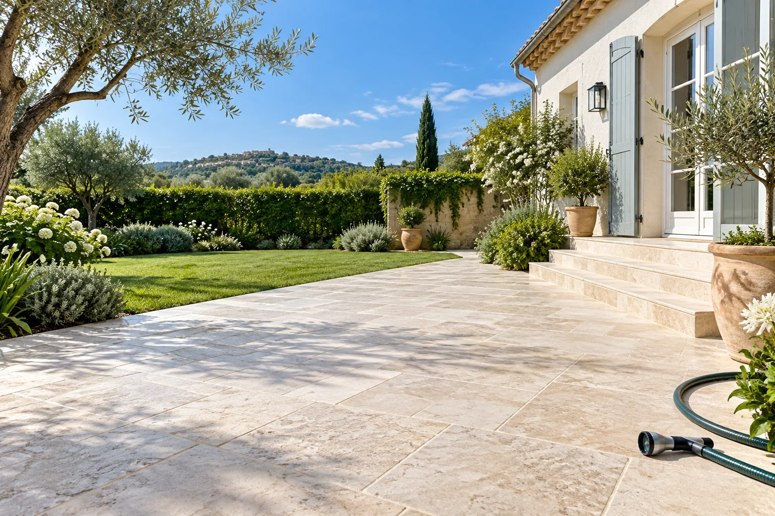 Bright clean stone patio opening onto a green garden